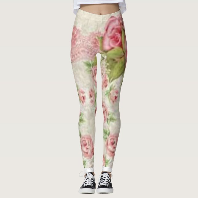 rosa blomstermönstrade långa leggings (Framsida)