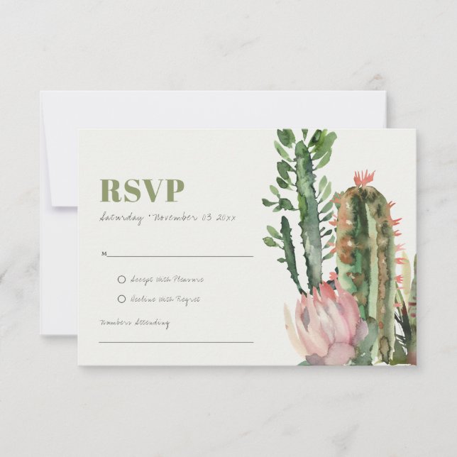 ROSA BLOMSTERÖKEN KAKTUS LÖV VATTENFÄRG RSVP OSA KORT (Framsida)