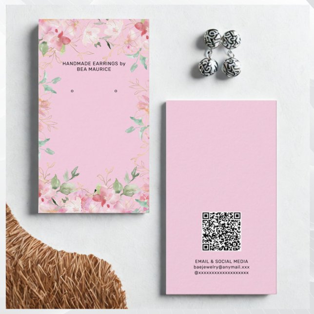Rosa blomsterörhänge displayhållare QR-kodkort Visitkort (Skapare uppladdad)
