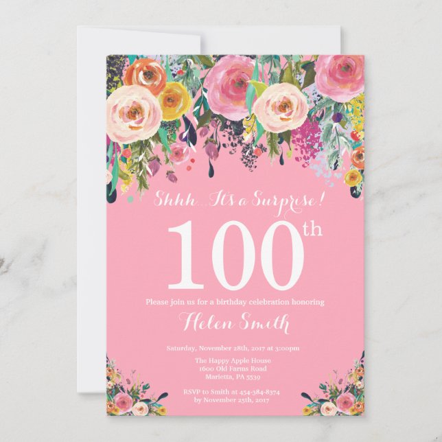 Rosa blomsteröverraskning 100-års födelsedagsinbju inbjudningar (Framsida)