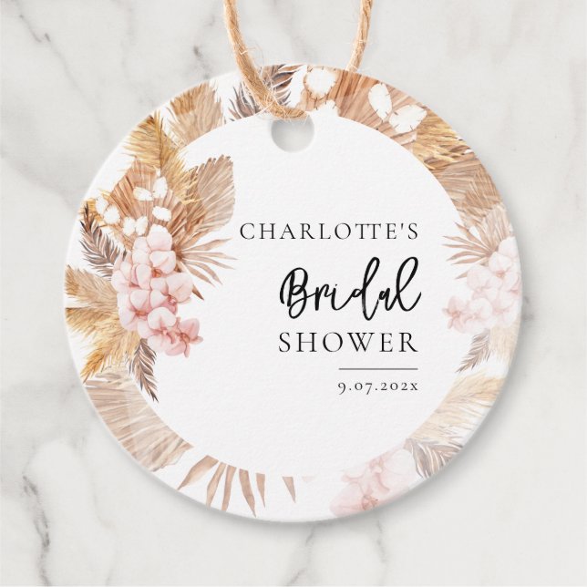 Rosa blomsterpampasgräs Bröllosduschmanus Gåvor Etiketter (Framsida)