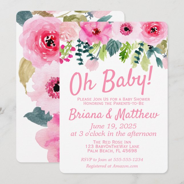 Rosa blomsterpar baby shower inbjudan (Fram/baksida)