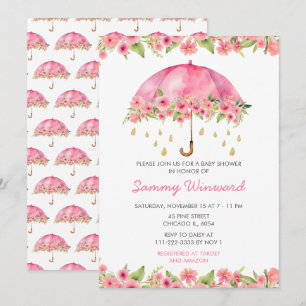 Rosa blomsterparaply Baby Shower Inbjudningar
