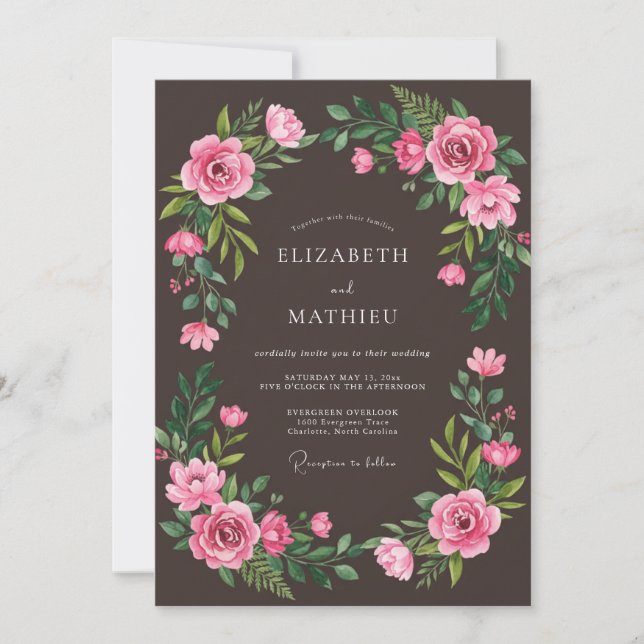 Rosa blomsterprakt vid romantisk bröllopsfest inbjudningar (Framsida)