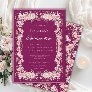 Rosa blomsterprydd Quinceañera-firande 15 Elegant Inbjudningar