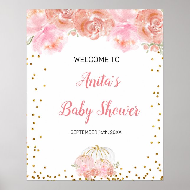 Rosa blomsterpumpa Baby Shower välkomstskylt Poster (Framsidan)