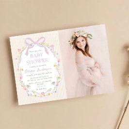 Rosa blomsterränder med rosett Foto Baby Shower Inbjudningar
