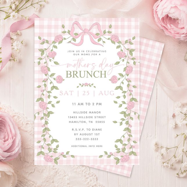 Rosa blomsterranka Rosa Gingham Morsdagsbrunch Inbjudningar (Pink Floral Vines Pink Gingham Mother's Day Brunch Invitation)