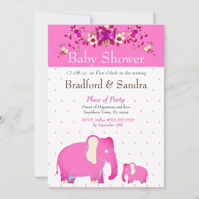 Rosa blomsterrik elefant Chic Enkel Baby Shower Inbjudningar (Framsida)