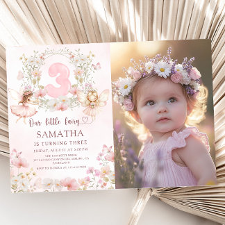 Rosa blomsterrik fe-trollträdgård 3-års födelsedag inbjudningar