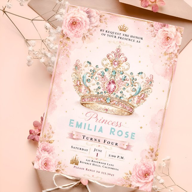 Rosa blomsterrik kunglig födelsedag inbjudningar (Skapare uppladdad)