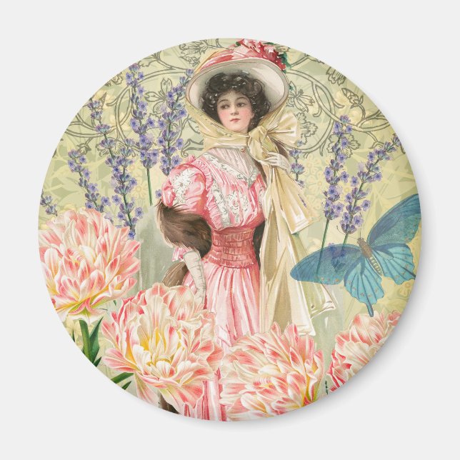 Rosa blomsterrik viktoriansk kvinna regency magnet (Framsidan)