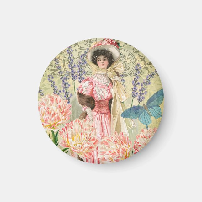 Rosa blomsterrik viktoriansk kvinna Regency Magnet (Framsidan)