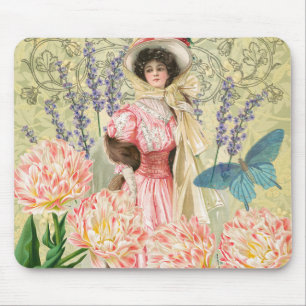 Rosa blomsterrik viktoriansk kvinna regency musmatta