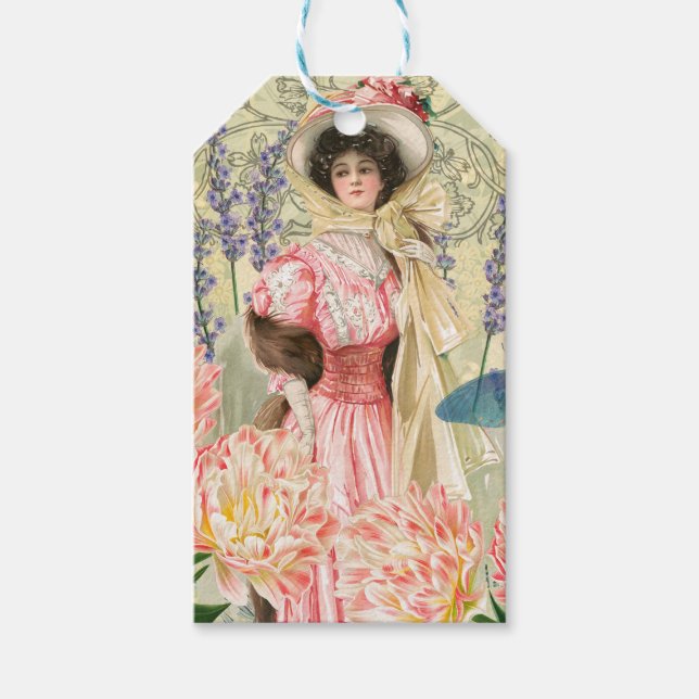 Rosa blomsterrik viktoriansk kvinna Regency Presentetikett (Framsidan)