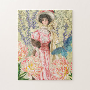 Rosa blomsterrik viktoriansk kvinna Regency Pussel