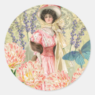 Rosa blomsterrik viktoriansk kvinna Regency Runt Klistermärke