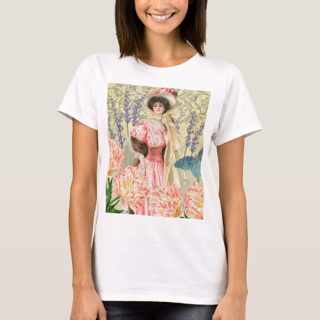 Rosa blomsterrik viktoriansk kvinna Regency T Shirt (Framsida)