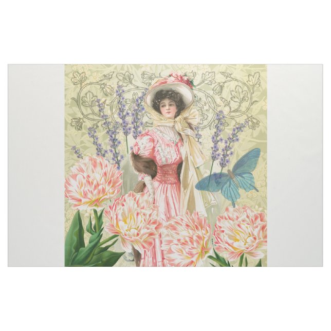 Rosa blomsterrik viktoriansk kvinna regency tyg (Yard)