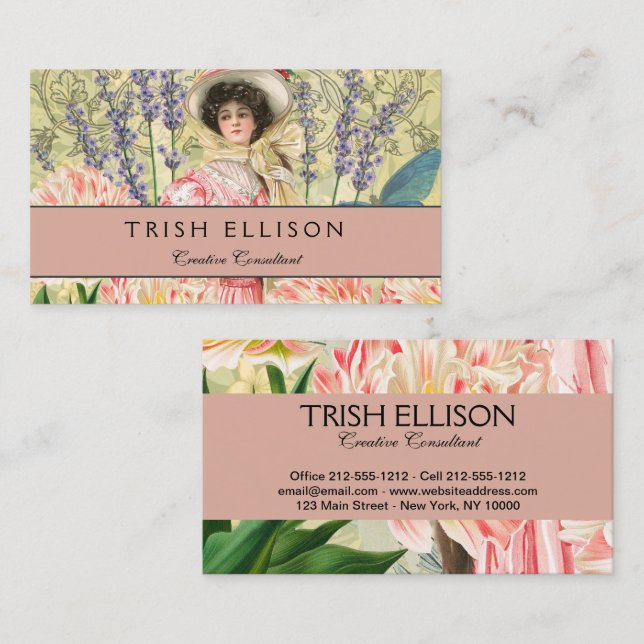 Rosa blomsterrik viktoriansk kvinna Regency Visitkort (Fram/baksida)