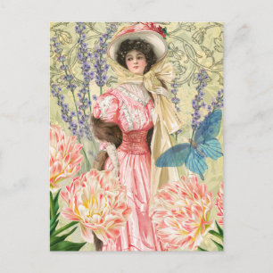 Rosa blomsterrik viktoriansk kvinna regency vykort