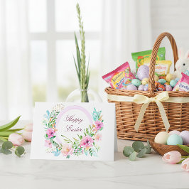 Rosa blomsterring i akvarellram anpassad till påsk helgkort