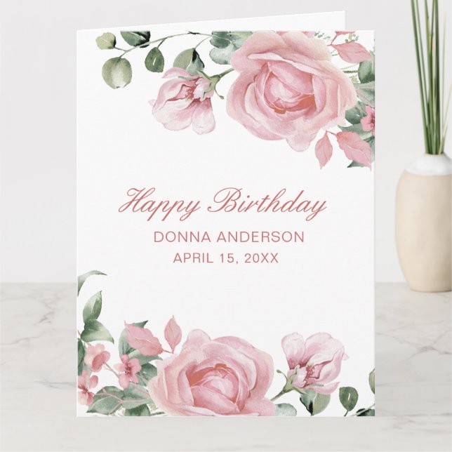 Rosa blomsterros födelsedagsfesttallrik kort (Framsida)
