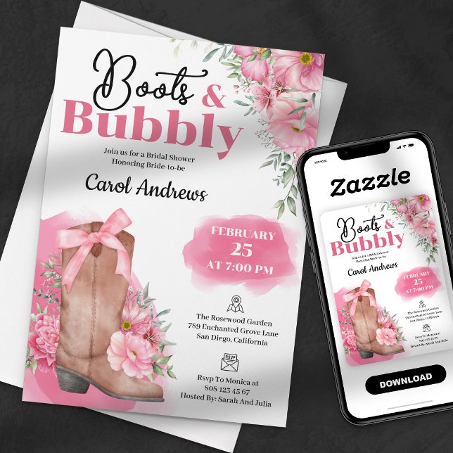 Rosa blomsterstövlar & bubblig bröllopsfest inbjudningar (Skapare uppladdad)