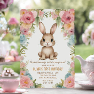 Rosa Blomsterträdgård Bunny Rabbit Birthday Inbjudningar