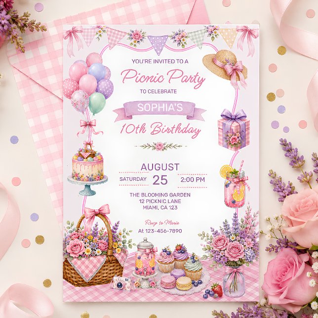 Rosa blomsterträdgård Picknick Födelsedagsfest Inbjudningar (Skapare uppladdad)