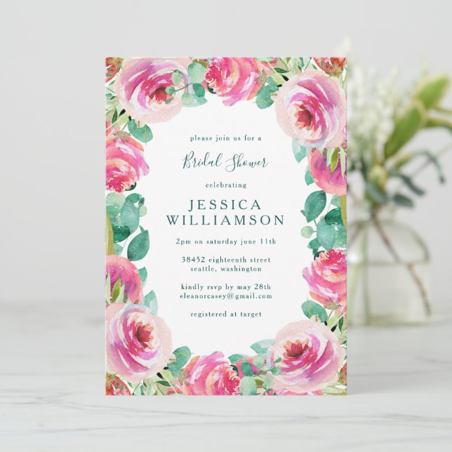 Rosa blomsterträdgård Romantiskt brudshowerparty Inbjudningar (Stående Fram)