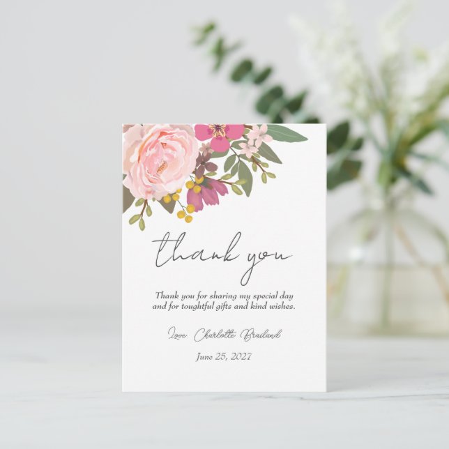 Rosa blomsterträdgård vår bröllopsdusch  vykort (Stående Fram)