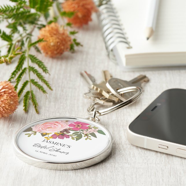 Rosa blomsterträdgård vår bröllopsfest  rund silverfärgad nyckelring (Sidan)