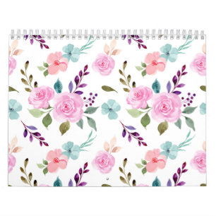 Rosa blomstervattenfärg, sömlös kalender
