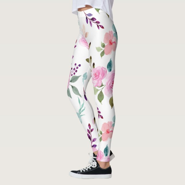 Rosa blomstervattenfärg, sömlös leggings (Vänster)