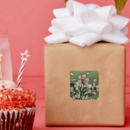 Rosa Blomstrande Grönt Fyrkantigt Klistermärke