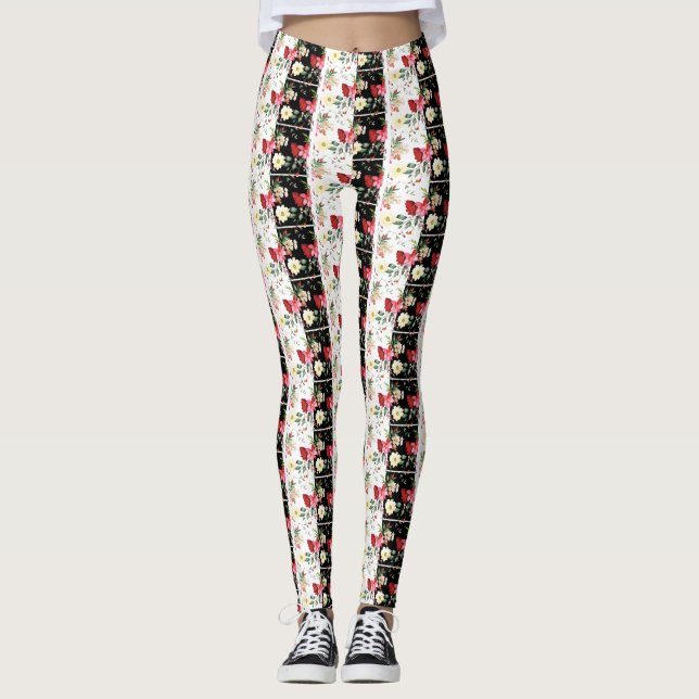 Rosa Blomsvart och vit stripe Leggings (Framsida)