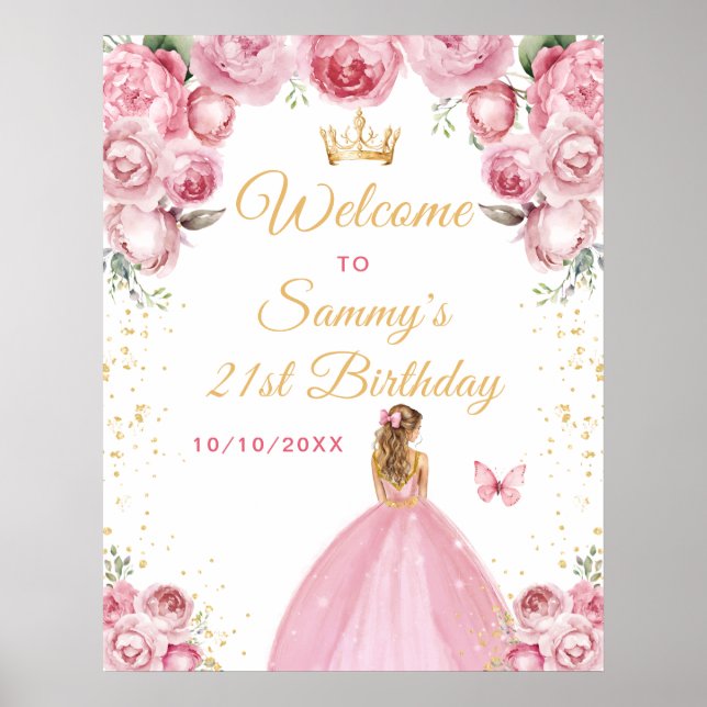  Rosa Blonde Hair Princess Birthday Välkommen Poster (Framsidan)