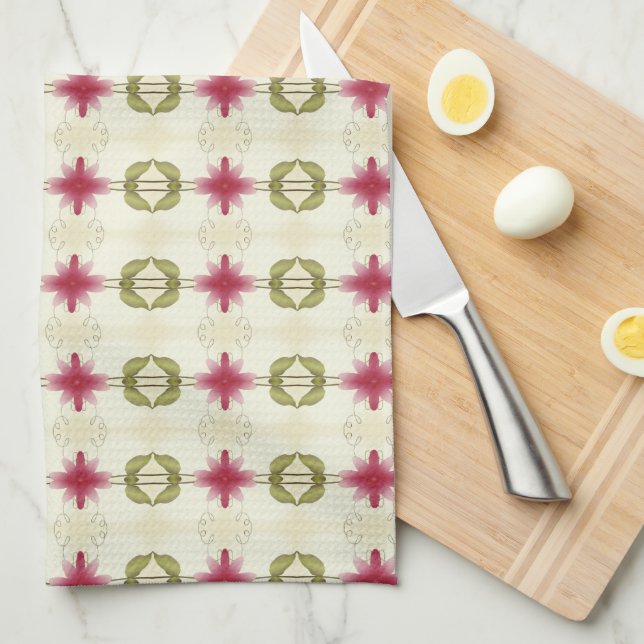 Rosa Bloom med Grönt White och Beige Kökshandduk (Vikt i Fjärdedel)