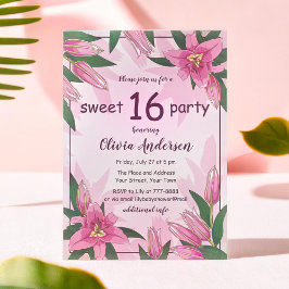 Rosa Blooming Lilies Sweet sixteen Party Inbjudningar