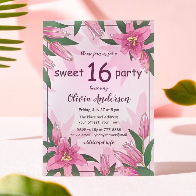 Rosa Blooming Lilies Sweet sixteen Party Inbjudningar (Pink Blooming Lilies Sweet Sixteen Party Invitation)
