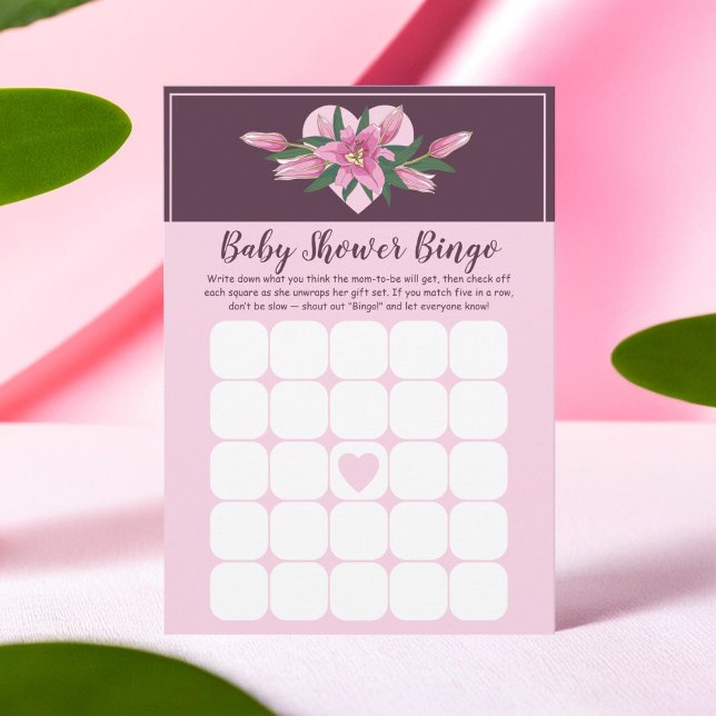 Rosa Blooming Lily Baby Shower Bingo Game Card Inbjudningar (Pink Blooming Lily Baby Shower Bingo Game Card)
