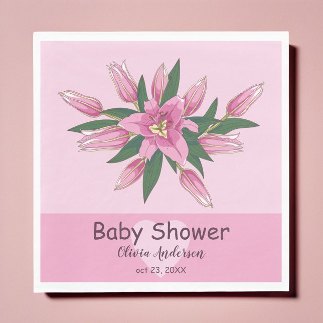 Rosa Blooming Lily Baby Shower/Grattis på födelsed Pappersservett (Pink Blooming Lily Baby Shower/Happy Birthday Napkins)