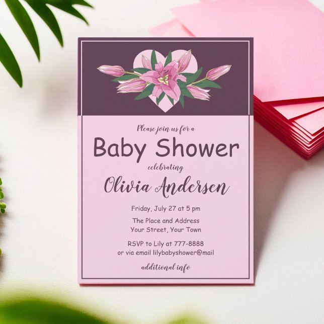 Rosa Blooming Lily Sweet Heart Baby Shower Inbjudningar (Pink Blooming Lily Sweet Heart Baby Shower Invitation)