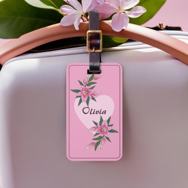 Rosa Blooming Lily Sweet Heart Bagagebricka (Pink Blooming Lily Sweet Heart Luggage Tag)