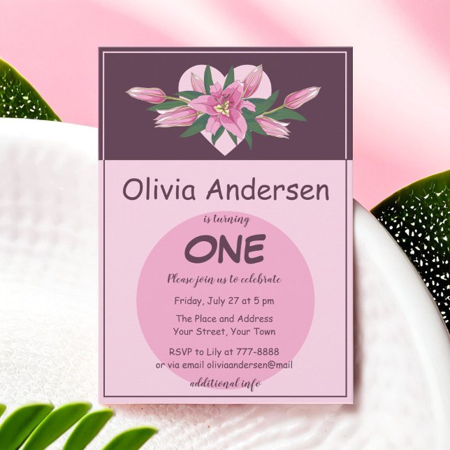 Rosa Blooming Lily Sweet Heart Birthday Inbjudan (Pink Blooming Lily Sweet Heart Birthday Invitation)