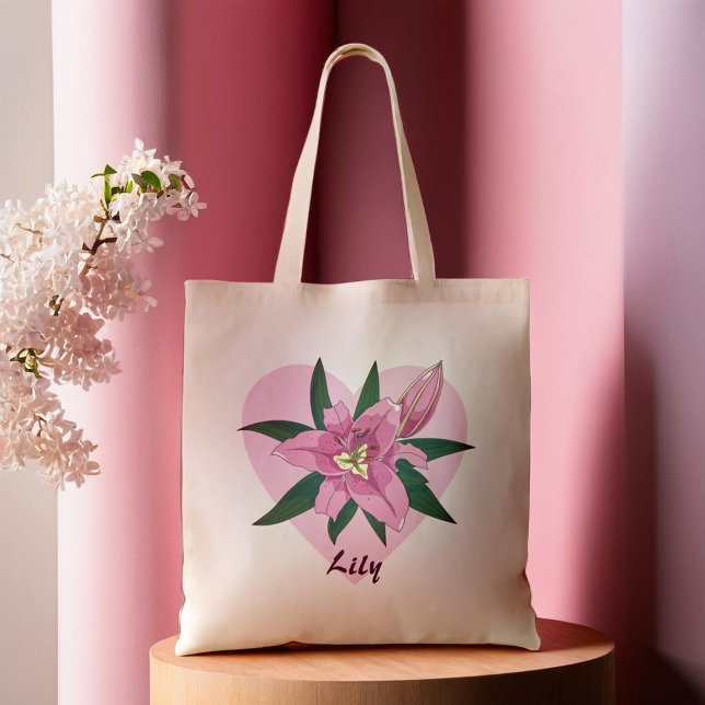 Rosa Blooming Lily Sweet Heart Matkasse Tygkasse (Pink Blooming Lily Sweet Heart Grocery Bag)