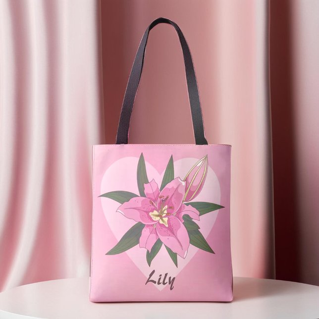 Rosa Blooming Lily Sweet Heart Matkasse Tygkasse (Pink Blooming Lily Sweet Heart Grocery Bag)