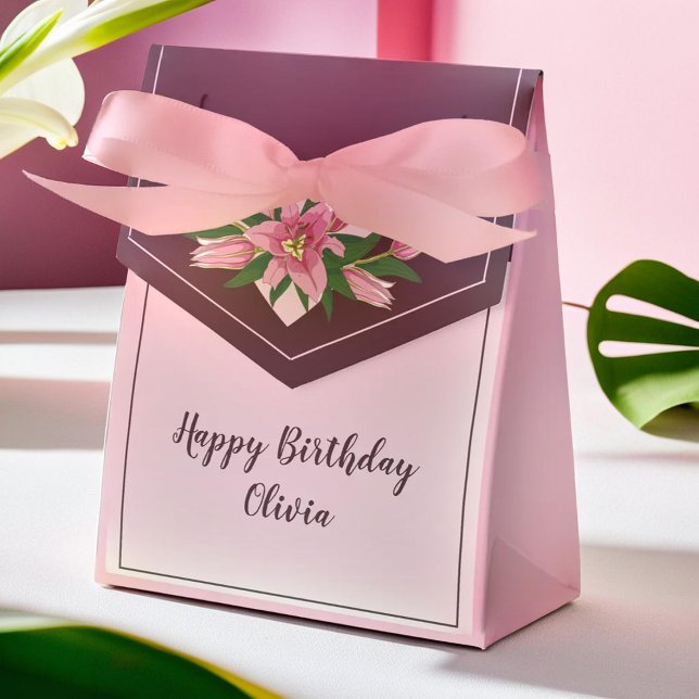 Rosa Blooming Lily Tack, Grattis på födelsedagen Presentaskar (Pink Blooming Lily Thank you/ Happy Birthday Favor Boxes)