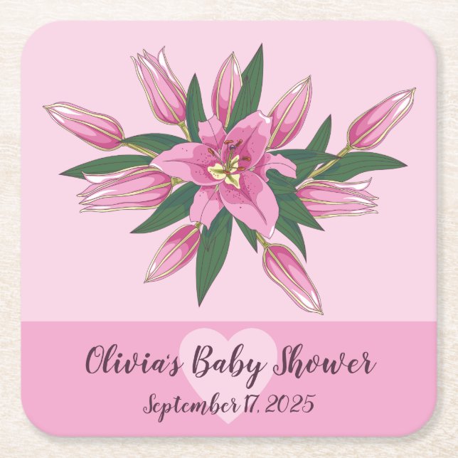 Rosa Blooming Lily Underlägg Papper Kvadrat (Framsidan)